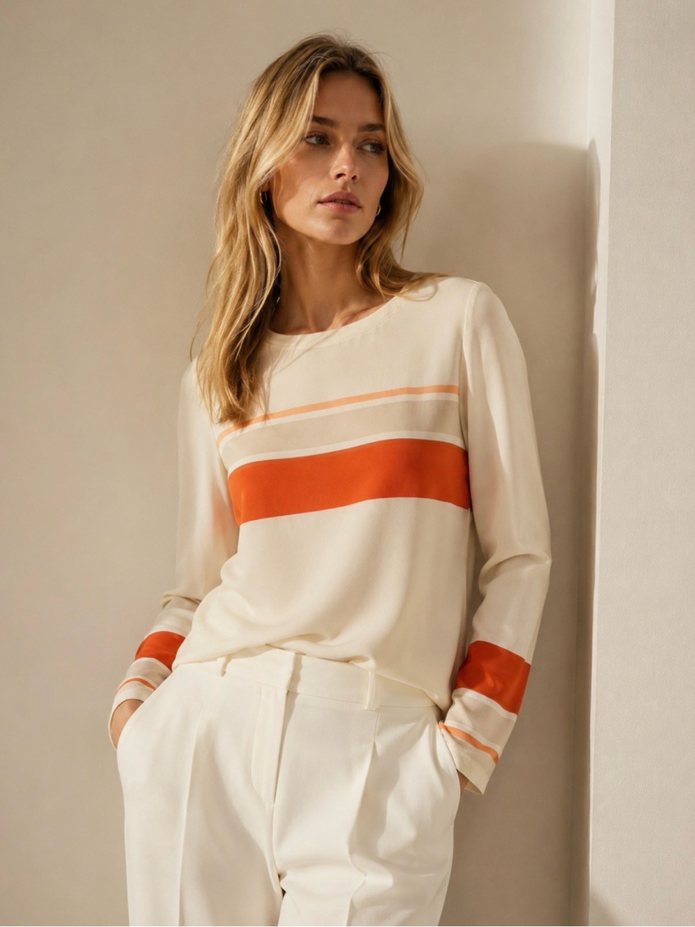 Club Monaco Cream Long-Sleeve Top with Orange Stripe , size S / 100% Silk